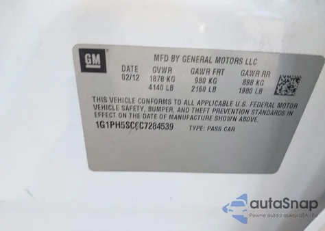 2012 Chevrolet Cruze Ltz z USA, uszkodzony, nr VIN 1G1PH5SC6C7284539